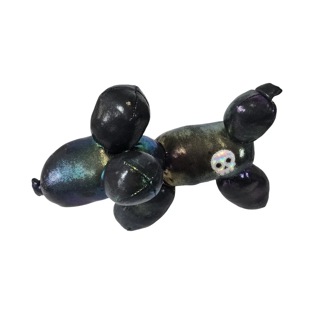 Iridescent Oil Slick Balloon Dog Plush Gothic Skull Patch Multicolor 9in